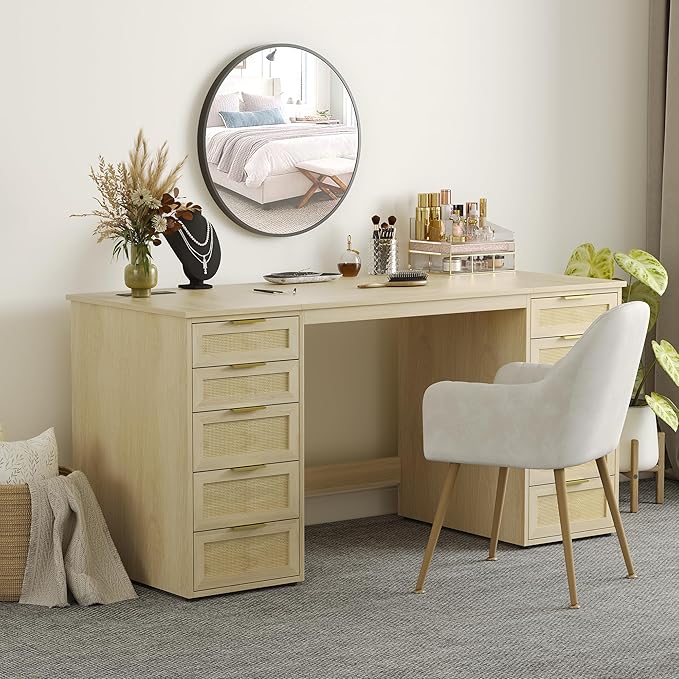 WOPITUES 60 Boho Home Office Desk with 10 Wooden Drawers Rattan Computer Writing Desk with Power Outlets Large Executive Desk with Storage Cabinet for Work Study Writing Craft Natural Brown