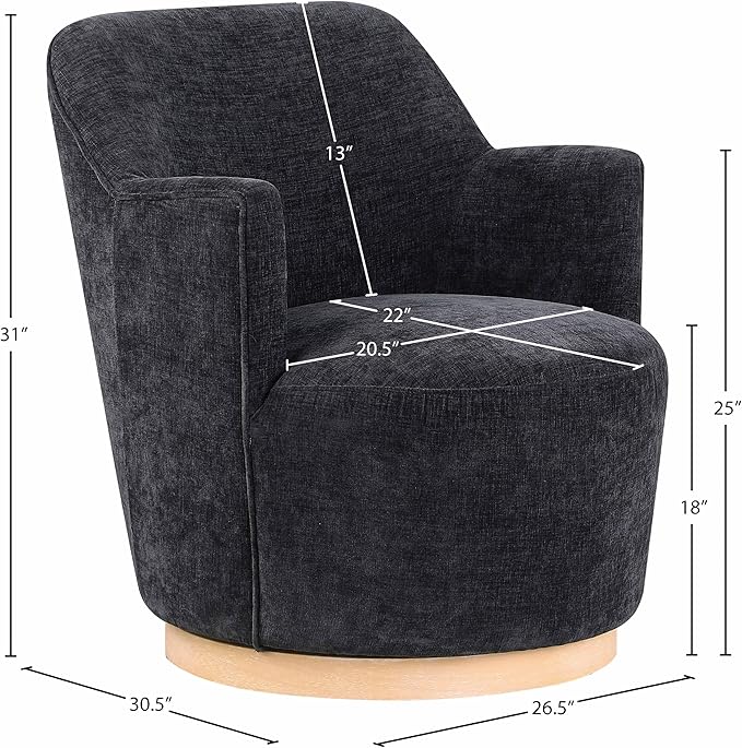 Meridian Furniture 449Black Clarita Collection Modern | Contemporary Swivel Accent Chair with Soft Black Chenille Fabric Natural Wood Finish Base 26.5 W x 30.5 D x 31 H Black