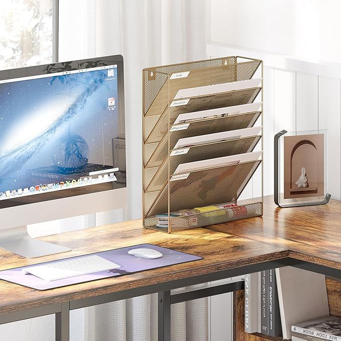 EasyPAG 5 Tier Wall File Holder Mesh Hanging Folder Organizer with Classify Label Versatile Desk File Holder Vertical Wall Mounted Mail Organizer for Office Home Cubicle Gold