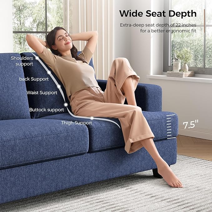 89 Inch Sofa with Extra Deep Seats Oversize 3 Seater Sofa for Living RoomModern Couch and Sofa Comfy Armrests and Seats and Backrests Easy Installation Blue