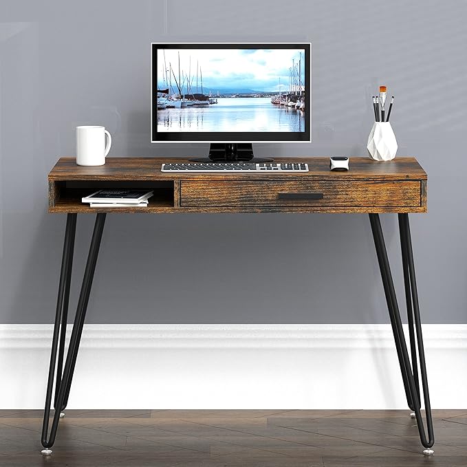 SHW Home Office Computer Hairpin Leg Desk with Drawer Rustic Brown