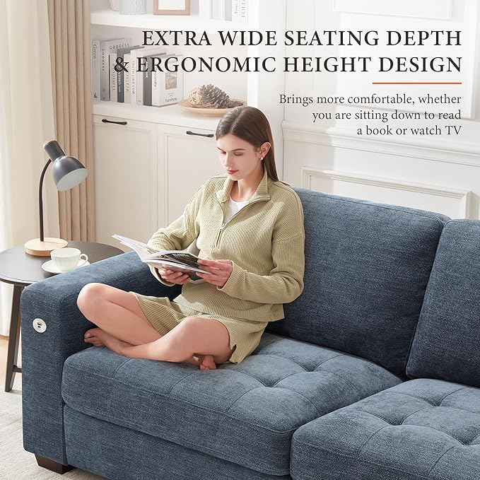 Ihanherry 2-Seater Couch with Extra Large Sofa Seat Width &amp Depth USB/Type-C Charging Port &amp Side Pocket Modern Sofa for Living Room Removable Medium Firm Cushion Breathable Chenille(89inc