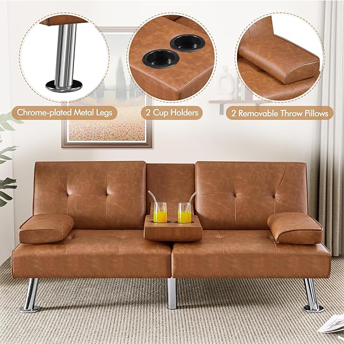 Yaheetech Convertible Sofa Bed Adjustable Couch Sleeper Modern Faux Leather Home Recliner Reversible Loveseat Folding Daybed Guest Bed Removable Armrests Cup Holders 3 Angles 772lb Capacity Brown