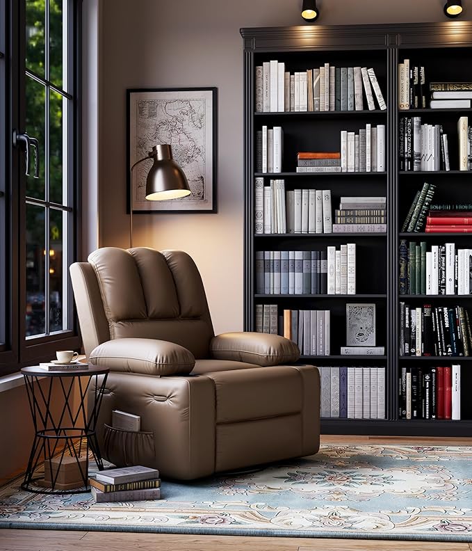 GarveeHome Oversized Recliner Chairs with Heat and Massage - 360° Swivel Lazy Recliner Chair for Adults- Manual Recliner Chair with Cup Holder for Living Rooms Bedrooms and Nurseries - Tan