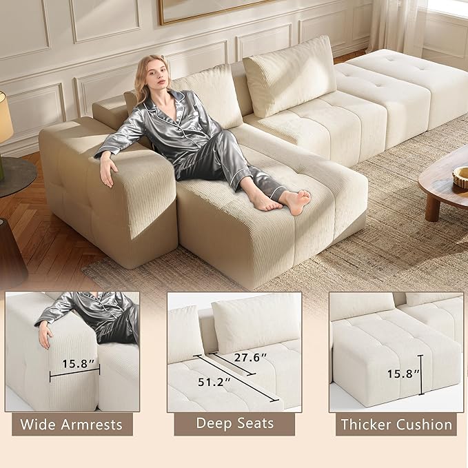 141 Cloud Sectional Couch for Living Room Oversize Boneless Modular Sectional Sofa with Deep Seat L Shaped Modern Cloud Sleeper Sofa Bed with Chaise Beige White
