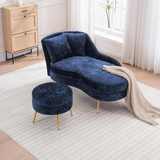 Modern Curved Chaise Lounge Chair Indoor 58 Chenille Lounge Sofa with Left Armrest &amp Lumbar PillowsUpholstered Leisure Recliner Chair with Removable Storage Footstool for Living Room (Blue)
