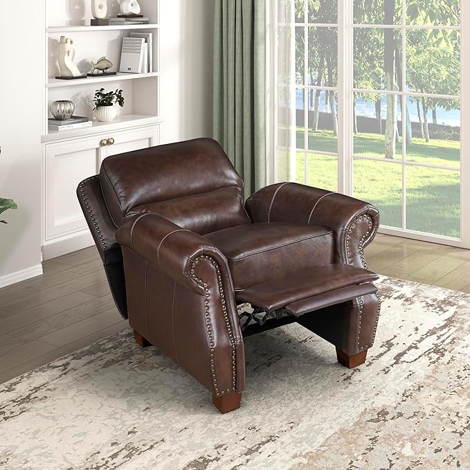 Lexicon Push Back Reclining Chair Top Grain Leather Match Push Back Recliner Chair with Nailhead Trim Rolled Arms Solid Wood Legs for Living Room/Apartment/Office Easy Assembly Brown