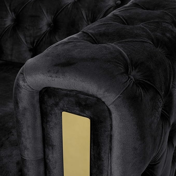 Tufted Velvet Sofa Couch for Living Room Upholstered Tuxedo Arm 3-Seater Sofa Couch with Golden Legs Chesterfield Sofa Apartment Office Studio Black