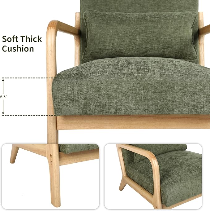Mid Century Modern Accent Chair with Solid Wood Frame Comfy Reading Lounge Chair with Detachable Lumbar Pillow for Living Room Bedroom Office Vintage Small Wooden Armchair for Waiting Room (Green)