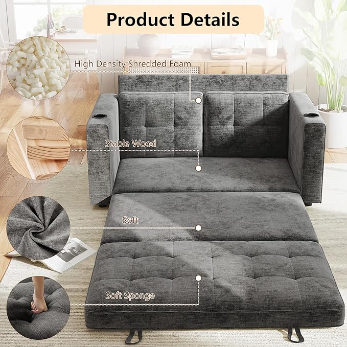 WorthFurni Convertible Sofa Bed Folding Sofa Bed 2 in1 Pull Out Loveseat Sleeper Sofa Floor Sofa Bed for Small Spaces Folding Couch Bed with Pillows for Living Room Bedroom - Grey