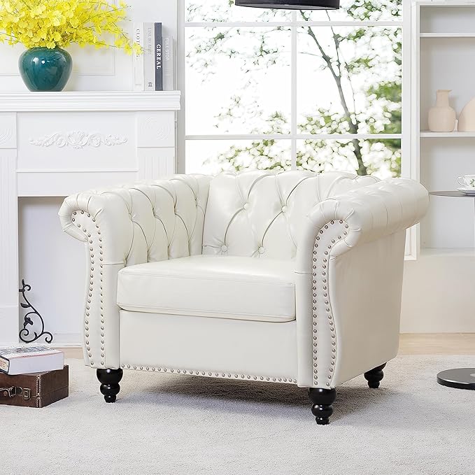 Accent Sofa Chair for Living Room Modern PU Leather Upholstered Armchair Oversized Comfy Single Sofa Chair with Cushion Mid Century Tufted Chesterfield Sofa Couch for Bedroom Apartment (White)