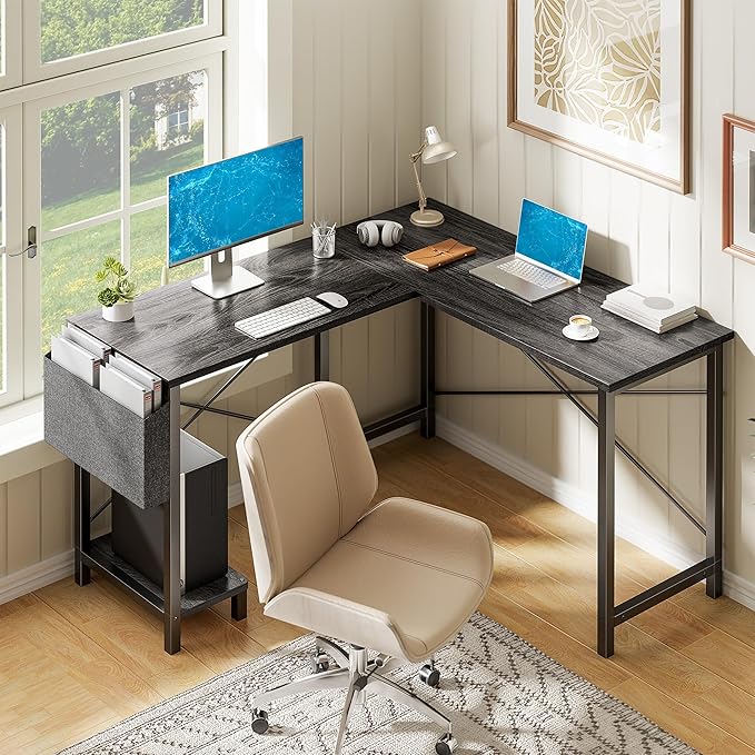 Alpen Gaming Desk Home Office L Shaped Desk Small Computer Corner PC Table with Side Bag and Reversible Shelf Sturdy Writing Workstation for Bedroom Living Room Grey