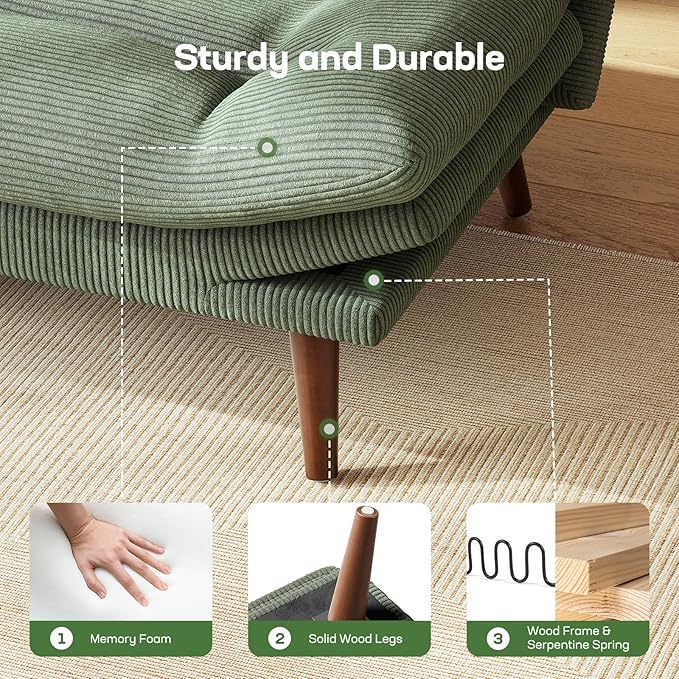 Marsail Futon Sofa Bed 75” Futon Couch with Adjustable Backrest &amp Armrests Convertible Small Sleeper Sofa Bed for Small Apartments Study Room Office Corduroy Loveseat Green