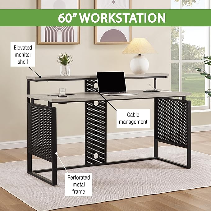 OSP Home Furnishings Ace Contemporary Modern Home Office Desk with Shelf Rectangular with Grey Taupe Finish