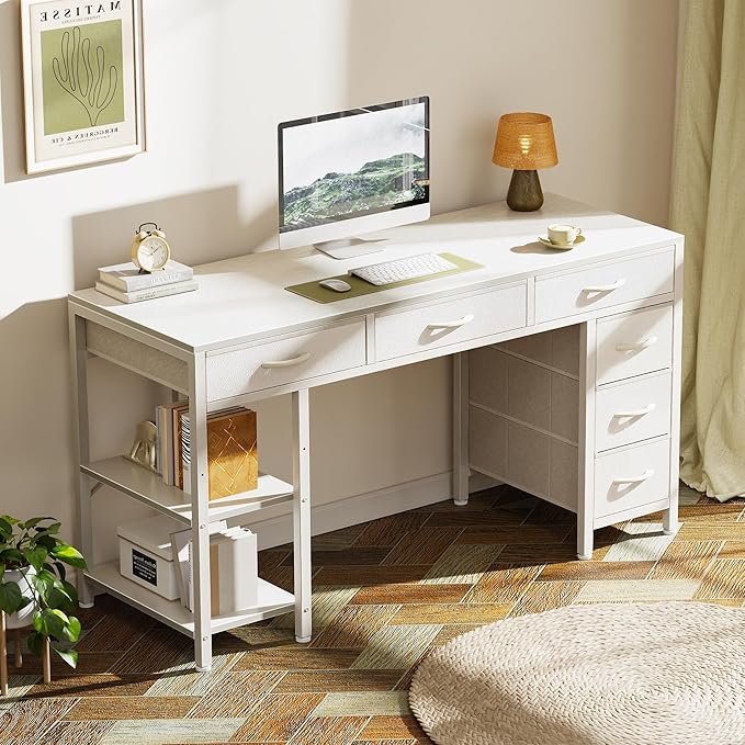 Huuger Computer Desk with 6 Drawers Office Desk with Shelves Reversible Gaming Desk Corner Desk with Storage Work for Home Office Study Living Room 47inch White
