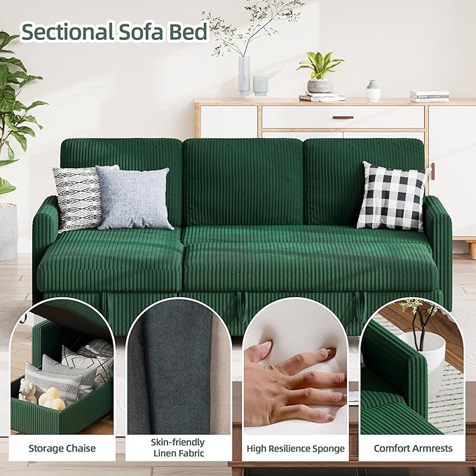 Sofa Bed Sleeper Pull Out 2 in 1 Sectional Sleeper Sofa Couches with Storage Pullout Sectional Couches for Apartment Living RoomGreen