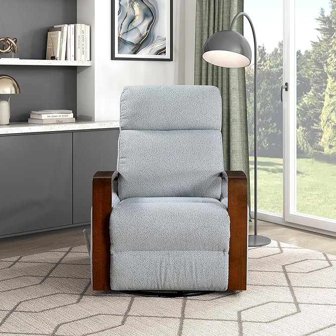 Lexicon 360 Degree Swivel Glider Reclining Chair Soft Boucle Manual Recliner Comfy Nursery Glider Recliner Wood Arms Pull Handle for Living Room/Office/Bedroom/Apartment Gray