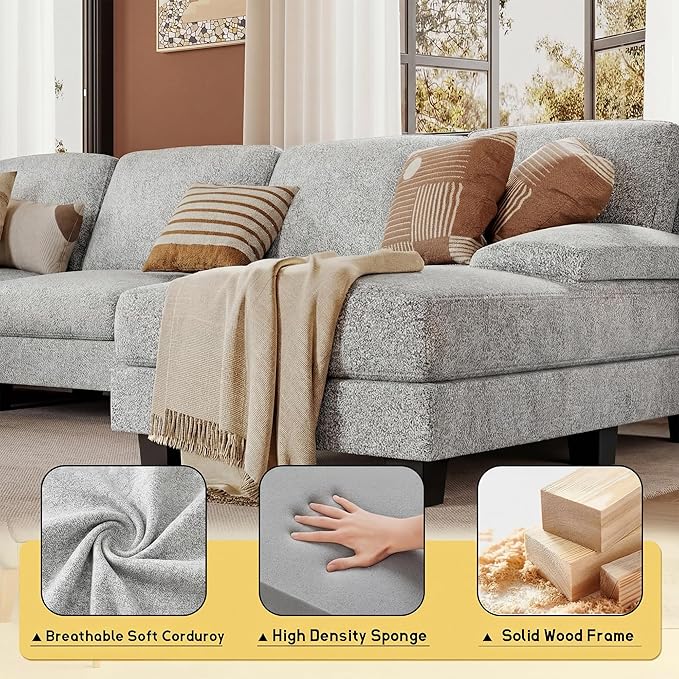 JUMMICO Sectional Couches for Living Room U Shaped Couch with Chenille Fabric 4 Seat Modern Sofa with Removable Pillows for Apartment and Small Space (Loop Yarn Pearl Gray)