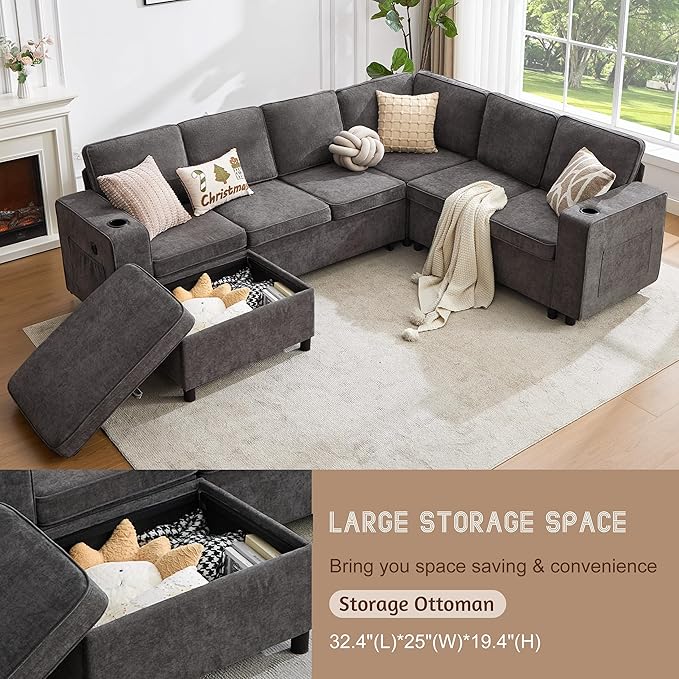 107 Modular Sectional Sleeper Sofa with Pull Out Bed 7 Seat U Shaped Couch with Storage Ottoman USB Port &amp 6 Pillows Sectional Couches for Living Room &amp Apartment Modular Cloud Couch Gre