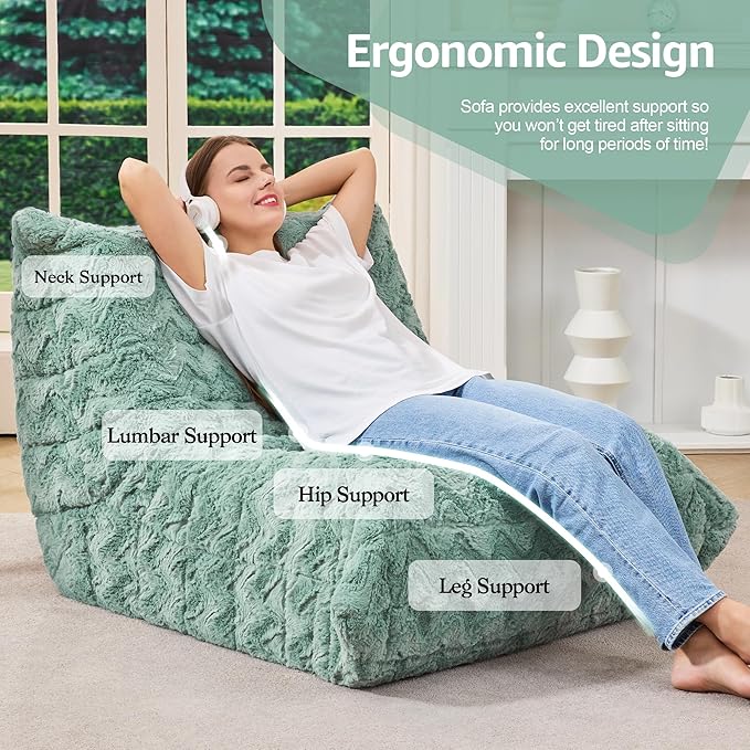Bean Bag Chairs for Adults Giant Bean Bag Chair Memory Foam BeanBag Chair Bean Bag Sofa with Filler Faux Fur Fireside Beanbags Lazy Sofa for Living Room Bedroom Office (Green Chevron Single)