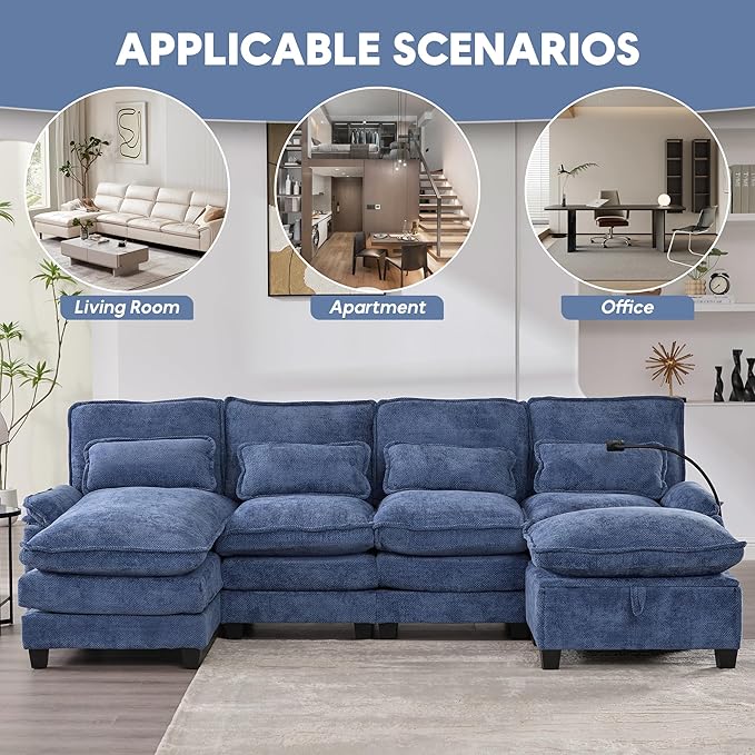 U Shape Sectional Sofa Cloud Couch 106.7 Modern Chenille Comfy Modular Couch with Storage Ottoman 4 Seat Upholstery Sofas with USB Port &amp Phone Holder for Living Room Navy Blue