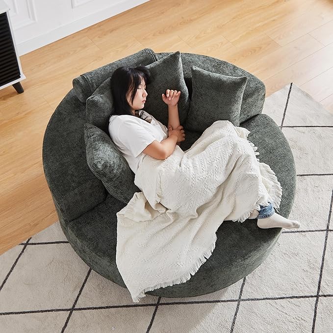 360° Oversized Swivel Chair Modern Circle Round Lounge Chair with Deep Seat Comfy Back Cushion &amp 2 Throw Pillows for Living Room Bedroom Office Dark Green Chenille