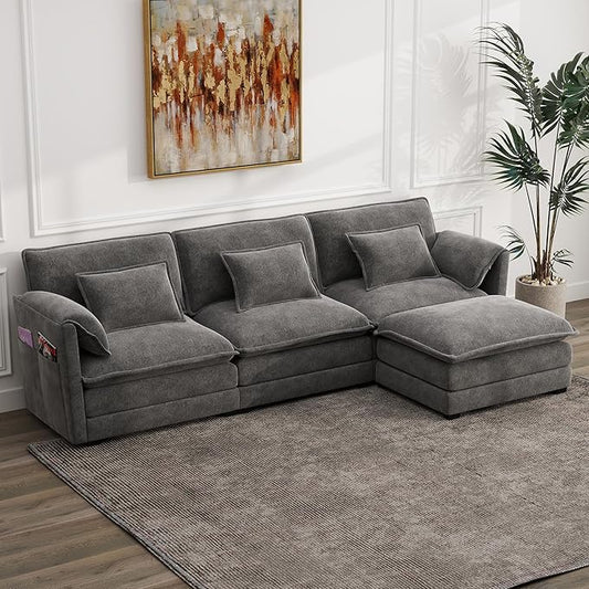 Modular Sectional Sofa 111'' L Shaped Couch Chenille Sofa with Movable Ottoman for Apartments Living Room and Commercial Space Dark Gray