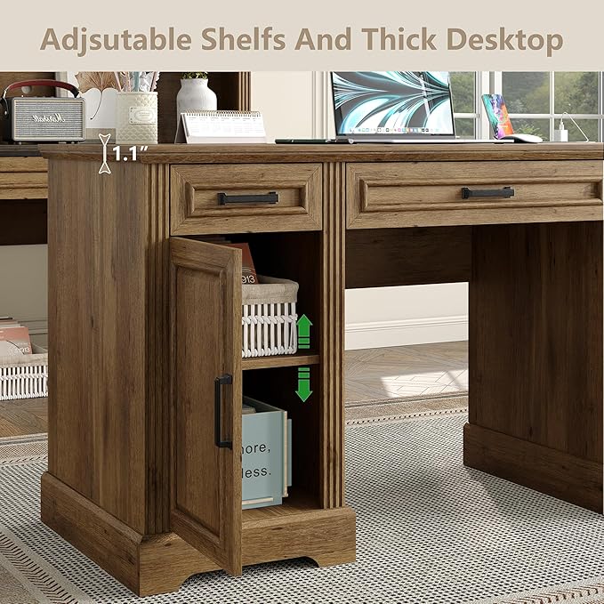 Furniouse 58 Executive Desk Farmhouse Computer Desk with Drawers and Cabinet with Charging Station Wooden Home Office Desk Workspace for Work &amp Writing Brown