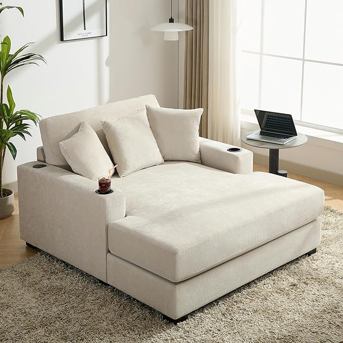 Oversized Chenille Fabric Chaise Lounge Chair Indoor 55 Oversized Chaise Lounger Modern Style Sofa Couch with Pillows Charge Station &amp Cup Holders for Living Room Office (Cream 55)