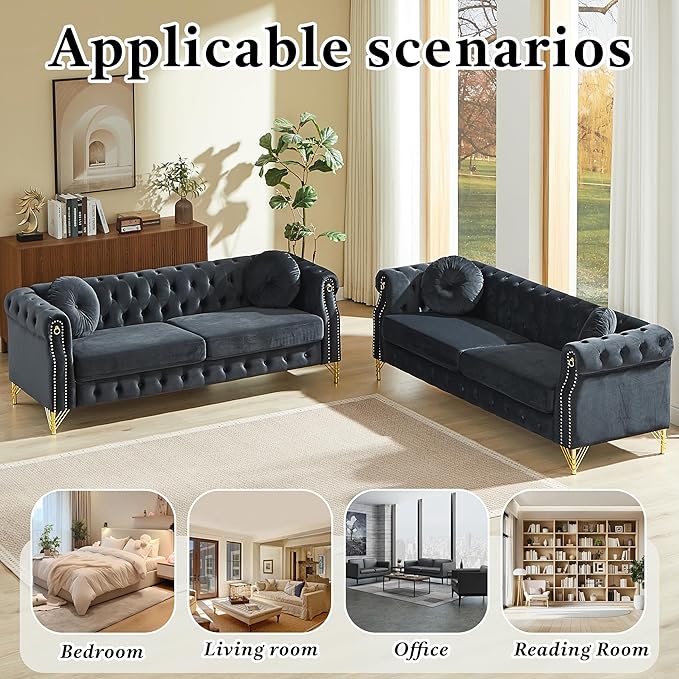 2 Pieces Black Velvet Chesterfield 82 3-Seater Sofa Sets with Two Pillows Featuring Copper Stud Detailing with Metal Legs Loop Design Allows for Hanging Cartoon Ornaments.