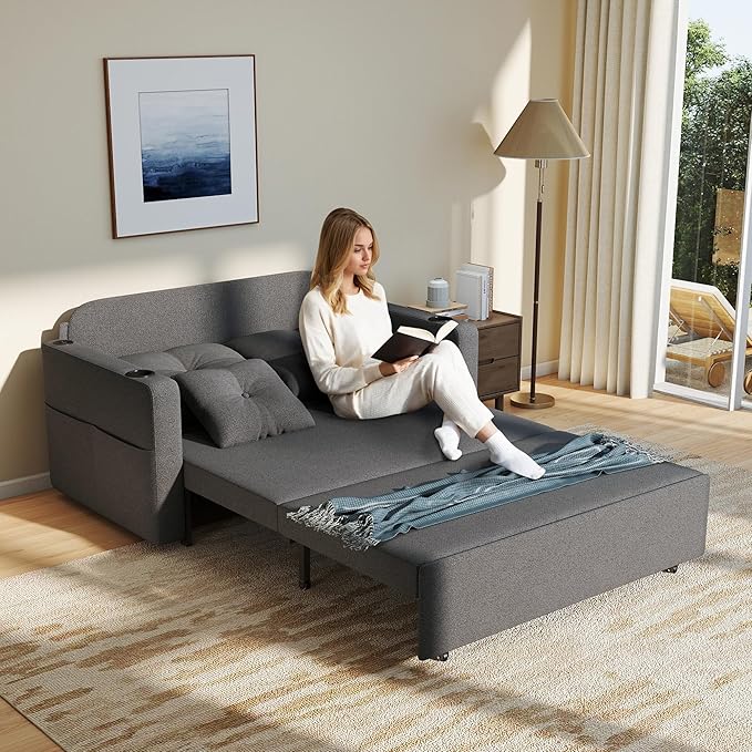 3 in 1 Sofa Bed 56 Inch Convertible Pull Out Couch Loveseat Sleeper Sofa with Cup Holders USB Sofa Couches for Living Room Bedroom Apartment Light Grey