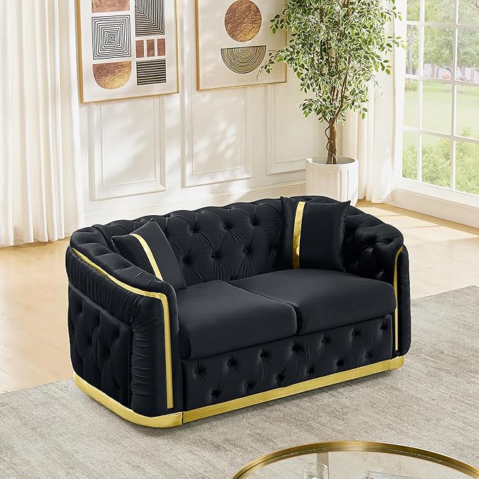 KEIKI 63 Luxury Oversized Velvet Chesterfield Sofa with 2 Pillow &amp Gold Stainless Decoration Italian Modern Style 2-Seater Button Tufted Couch with Rolled Arms Easy Assembly for Living Room B