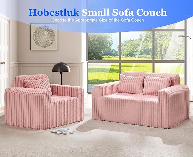 Hobestluk Couch Sofa 2-Seater Foam Sofa Loveseat for Small Spaces Comfy Sofas with Removable Cover Furry Couch with Pillows for Living Room Bedroom Apartment Office (Pink Loveseat)