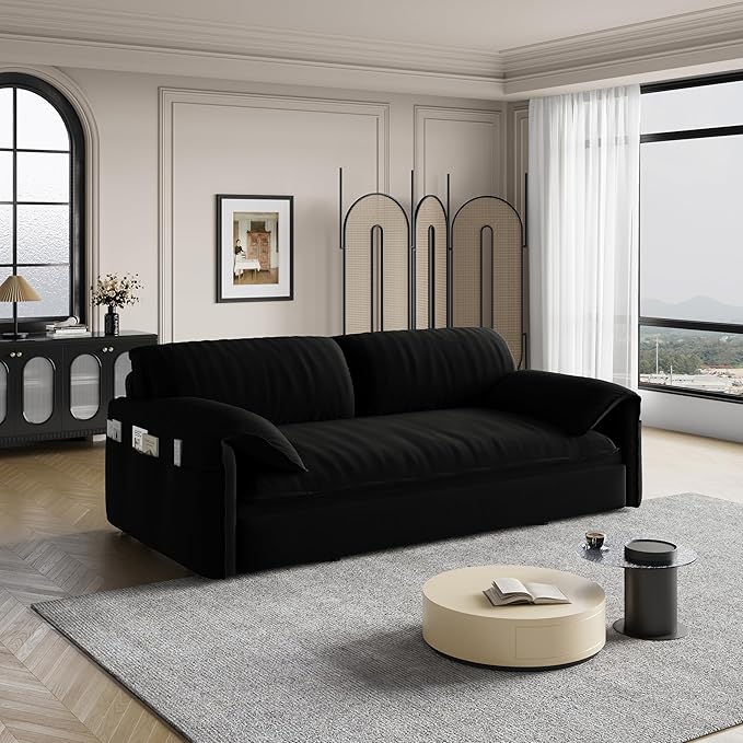 Queen Pull Out Futon Sofa Bed with USB Ports 3-in-1 Modern Convertible Sleeper Sofa with Side Pocket ＆ Rivets Comfy Corduroy Loveseat Couch for Living Room Bedroom Apartment (Black Velvet)