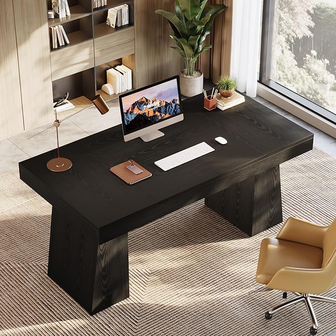 Tribesigns 55-Inch Executive Desk Thick Wood Office Computer Desk with Double Pedestal Modern Minimalist Workstations Writing Table Conference Table Furniture for Home Office Black