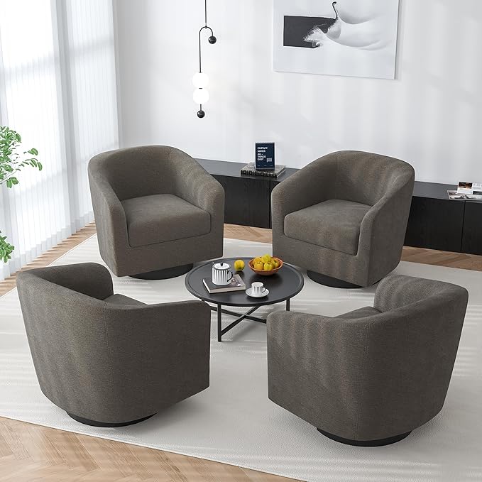 Swivel Barrel Accent Chair Modern Round Chenille Fabric Arm Chair for Living Room Bedroom Comfy Club Reading Chairs for Adults（Chenille Fabric Tan Set of 2