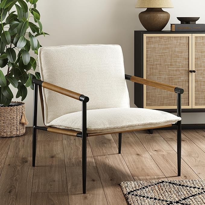 Nathan James Omel Lounge Reading Chair Modern Living Room Accent Chair with Metal Frame and Boucle Upholstery Cream Boucle/Black