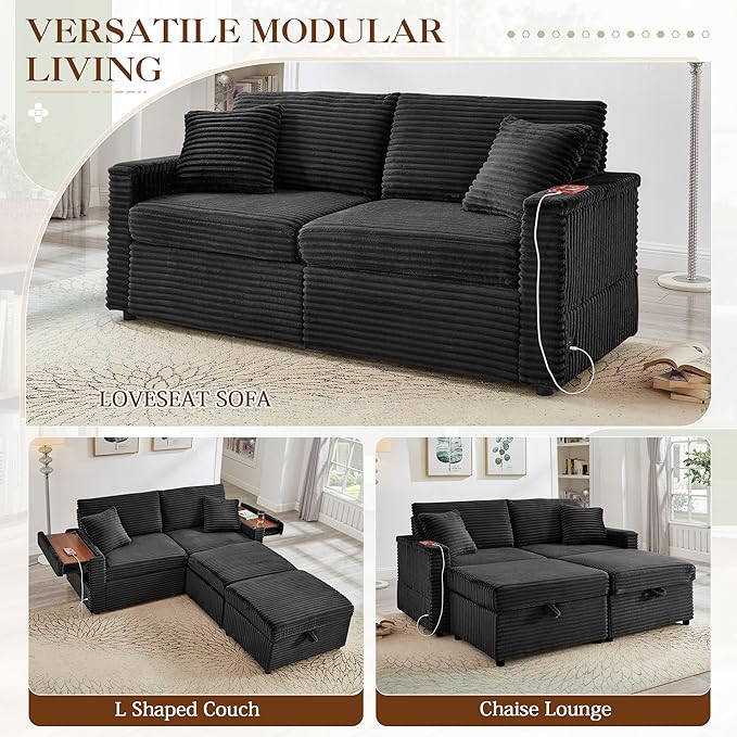 68 Cloud Loveseat with Ottoman Set USB Ports &amp Storage Wooden Side Table Comfy Plush Corduroy Upholstered Love Seat Modern Oversized Deep Seated Grey Sectional for Living Room Black