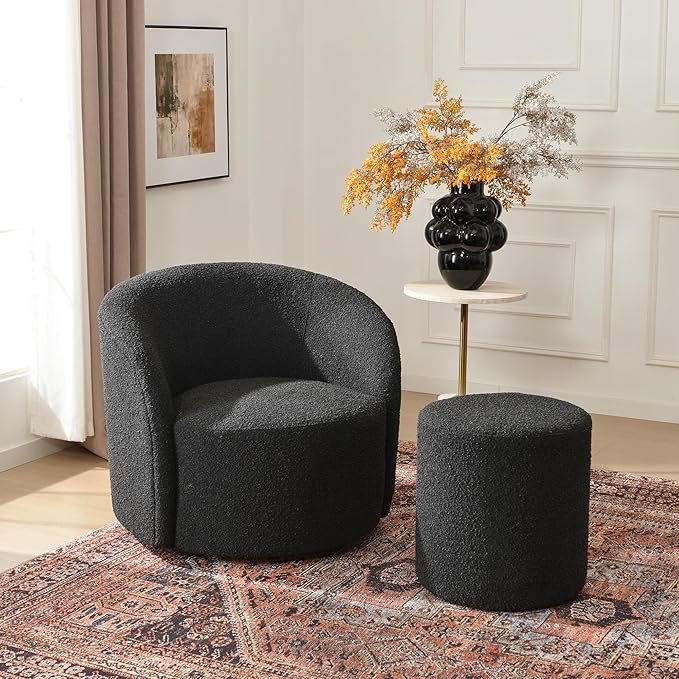 KINWELL 34 Boucle Swivel Barrel Chair with 18 Round Ottoman Set Fully Assembled Set of Sherpa Accent Chair and Footrest Modern Comfy Armchair and Footstool for Living Room and Bedroom Black