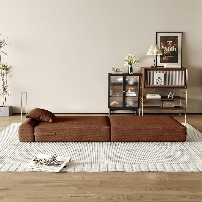 31.5'' Convertible Compressed Corduroy Folding Sofa Bed Modern Boneless Pull Out Sleeper Sofa Couch in a Box 3 in 1 Portable Lazy Floor Lounge Chair No Assembly Needed Caramel Pillow Single