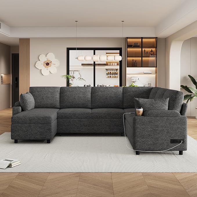 109.9 Modern Sectional Sofa Pull-Out Sofa Bed Sleeper with Storage Ottoman and 2 Cup Holders Chenille Convertible U-Shaped Couch Bed for Living Room (Grey-3.13)