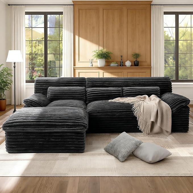 Modular Sectional SofaBoneless Couch for Living Room3 Seat L-Shaped Cloud Sectional Couch with Double-Layer Thickened Deep SeatComfy Corduroy Fabric Sofa Bed72h ReboundGrey
