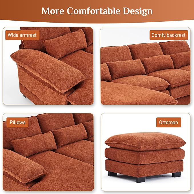 OUYESSIR 113 U Shape Sectional Cloud Couch with OttomanFluffy Sectional Couches for Living Room4 Seater Modular Sectional SofaComfy Cloud Sofas &amp Couches with 4 PillowsOrange
