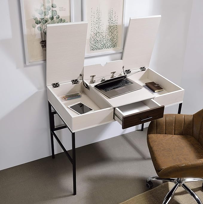 Natural &amp Black Writing Desk with USB Port - Contemporary Home Office Design