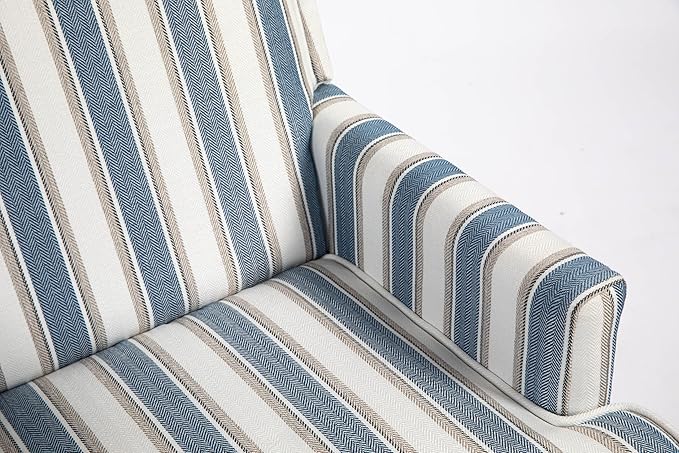 Upholstered Accent Chair Vintage Armchair with Blue and White Striped Linen Fabric Nailhead Trim and Solid Wood Legs 27”x27”x35”Comfortable Reading Chair for Living Room (Blue)