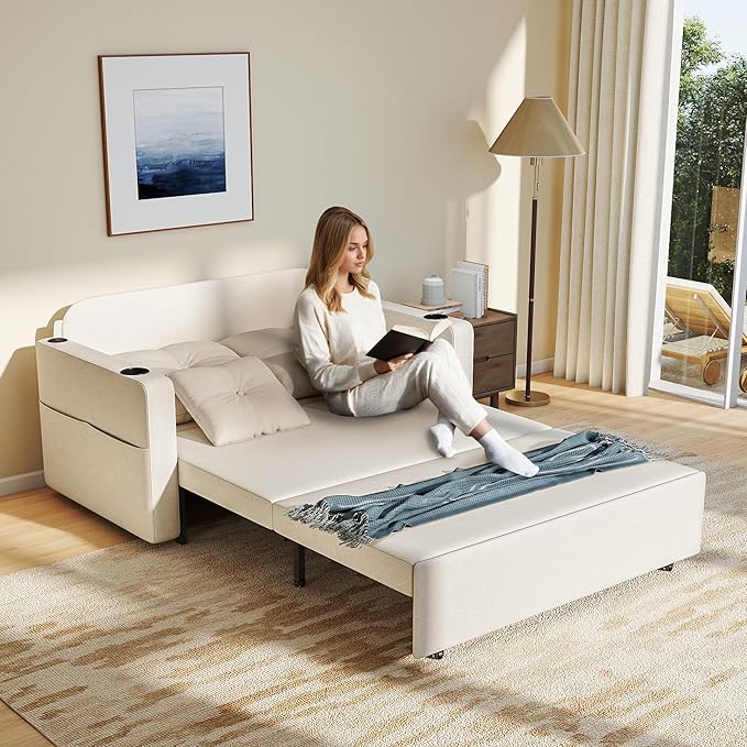 3 in 1 Pull Out Couch 56 Inch Convertible Sleeper Sofa Bed Loveseat with Cup Holders Storage Pockets USB Sofa Couches for Living Room Bedroom Apartment Beige