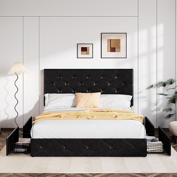 Allewie Upholstered Queen Size Platform Bed Frame with 4 Storage Drawers and Headboard Diamond Stitched Button Tufted Mattress Foundation with Wooden Slats Support No Box Spring Needed Black