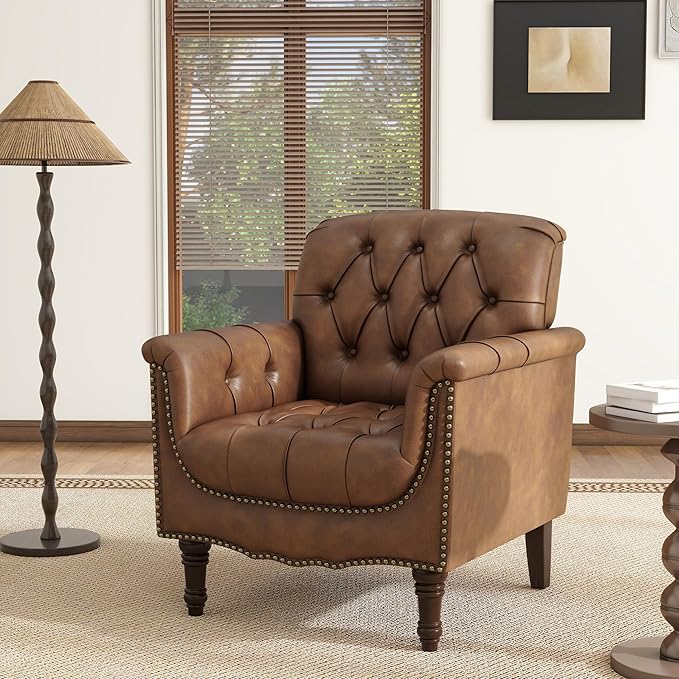 Faux Leather Accent Chair Modern Armchair Club Chair with Nailhead Trims &amp Wood Legs for Living Room Upholstered Comfy Arm Chair Side Chair for Office Bedroom-Brown
