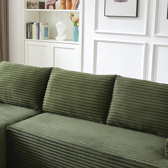 Modern Corduroy Modular Sectional Sofa96.1 Minimalist Style L-Shaped 3 Seat Couch with Side Storage PocketsComfortable Chaise Lounge for Living RoomReception AreaGreen Left Chaise Lounge