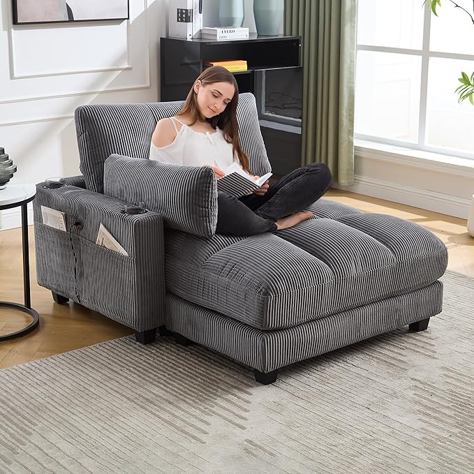 Oversized Lounge Chaise Convertible Sleeper Sofabed Corduroy Sleeper Daybed Indoor Recliner Chair Sofa Bed with Cupholders and Adjustable Headrests for Living Room Bedroom Reading Home Apartment